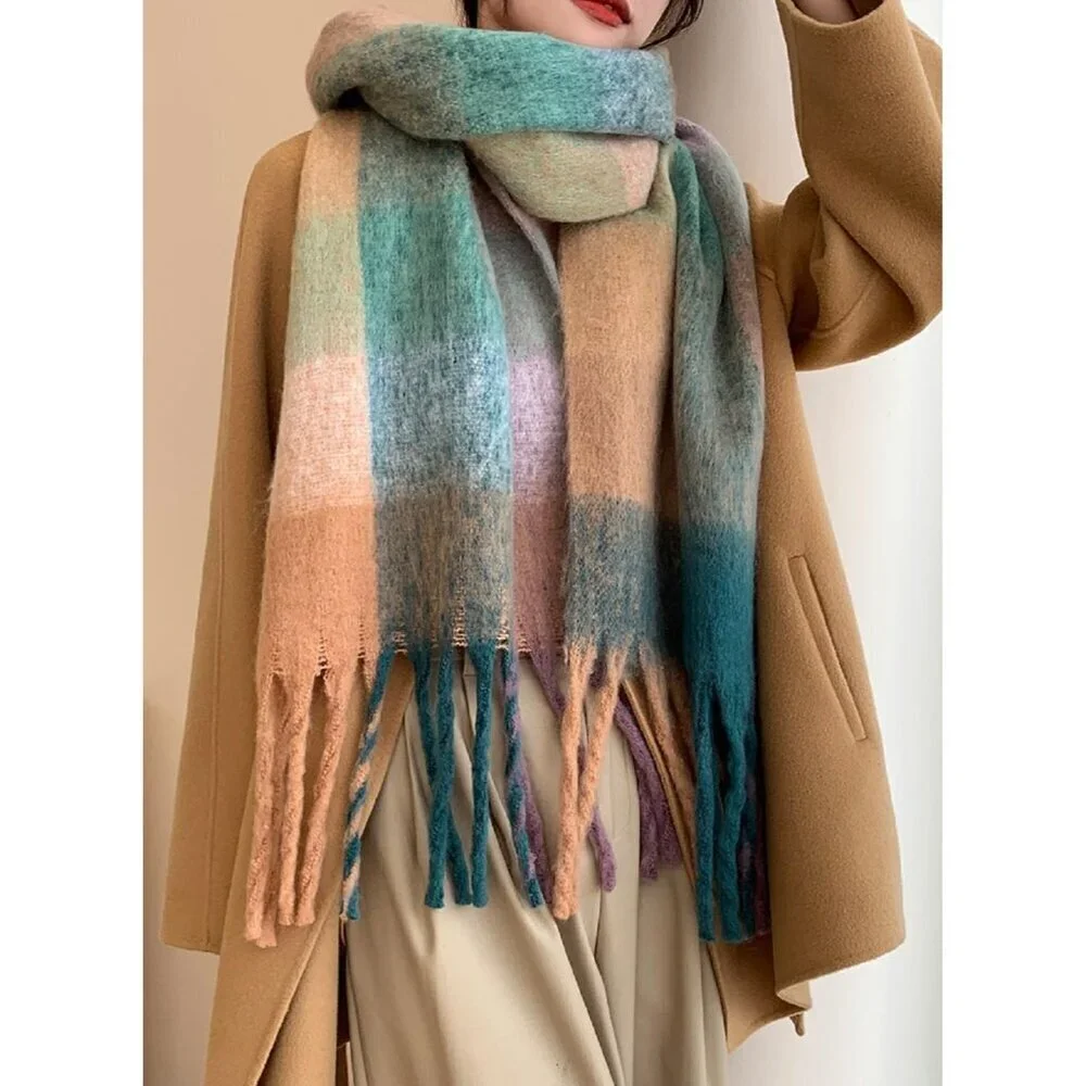 Women's Green Dark Khaki Winter Warm Long Shawl Cold Weather Thick Blanket Scarf